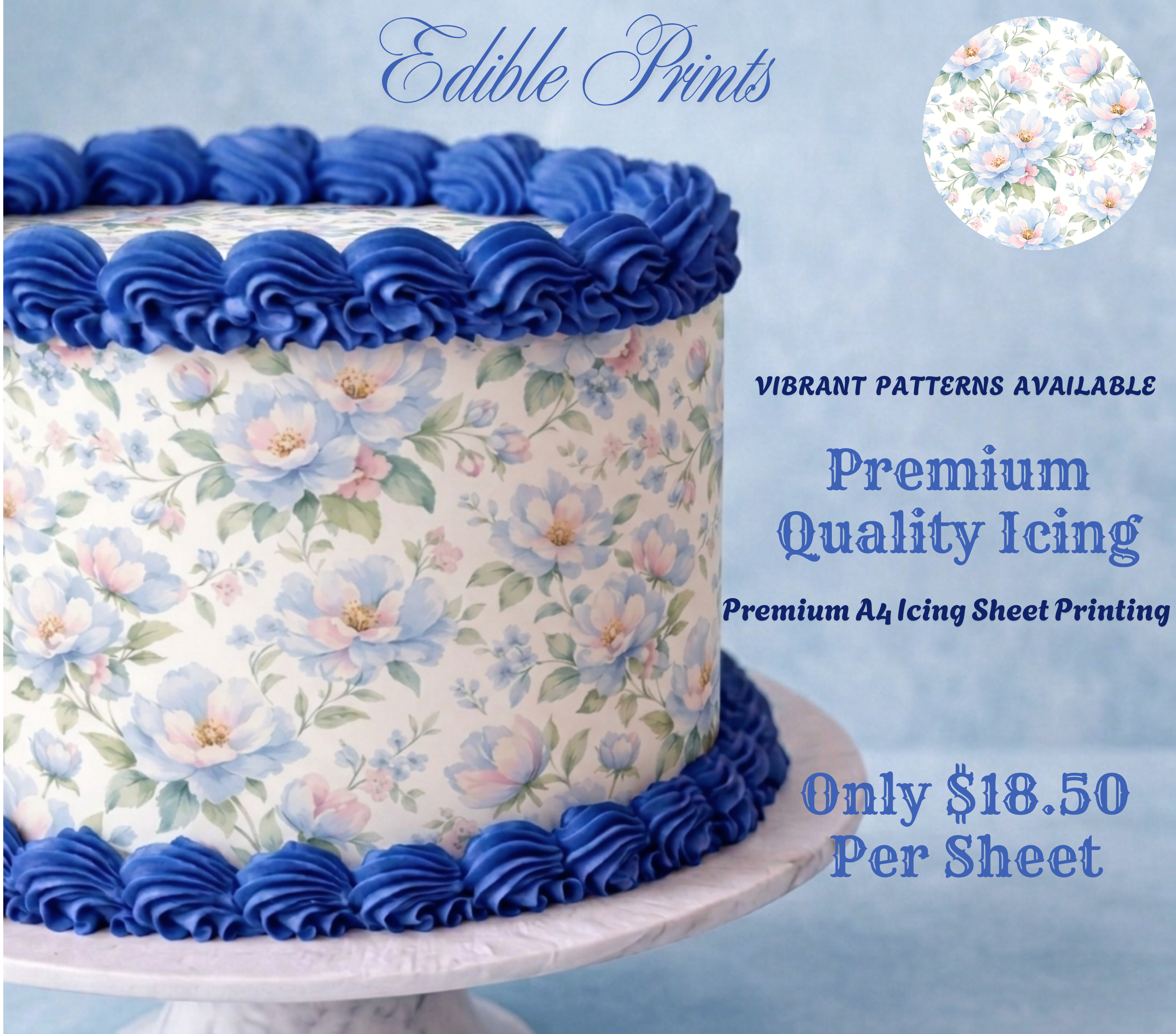 Edible Cake Wrap -Light Blue Flowery  Pattern