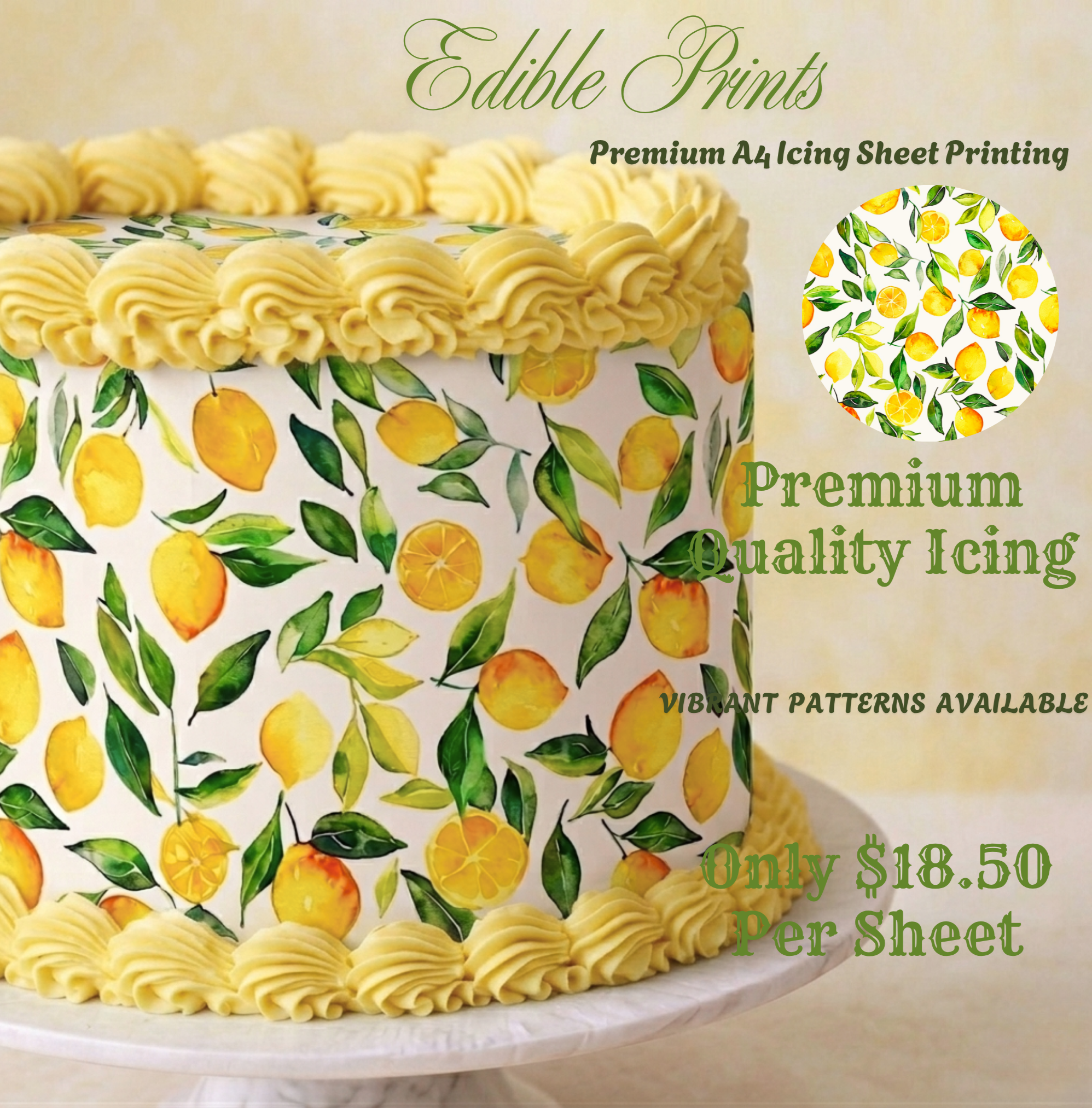 Edible Cake Wrap -Vibrant Lemon Pattern