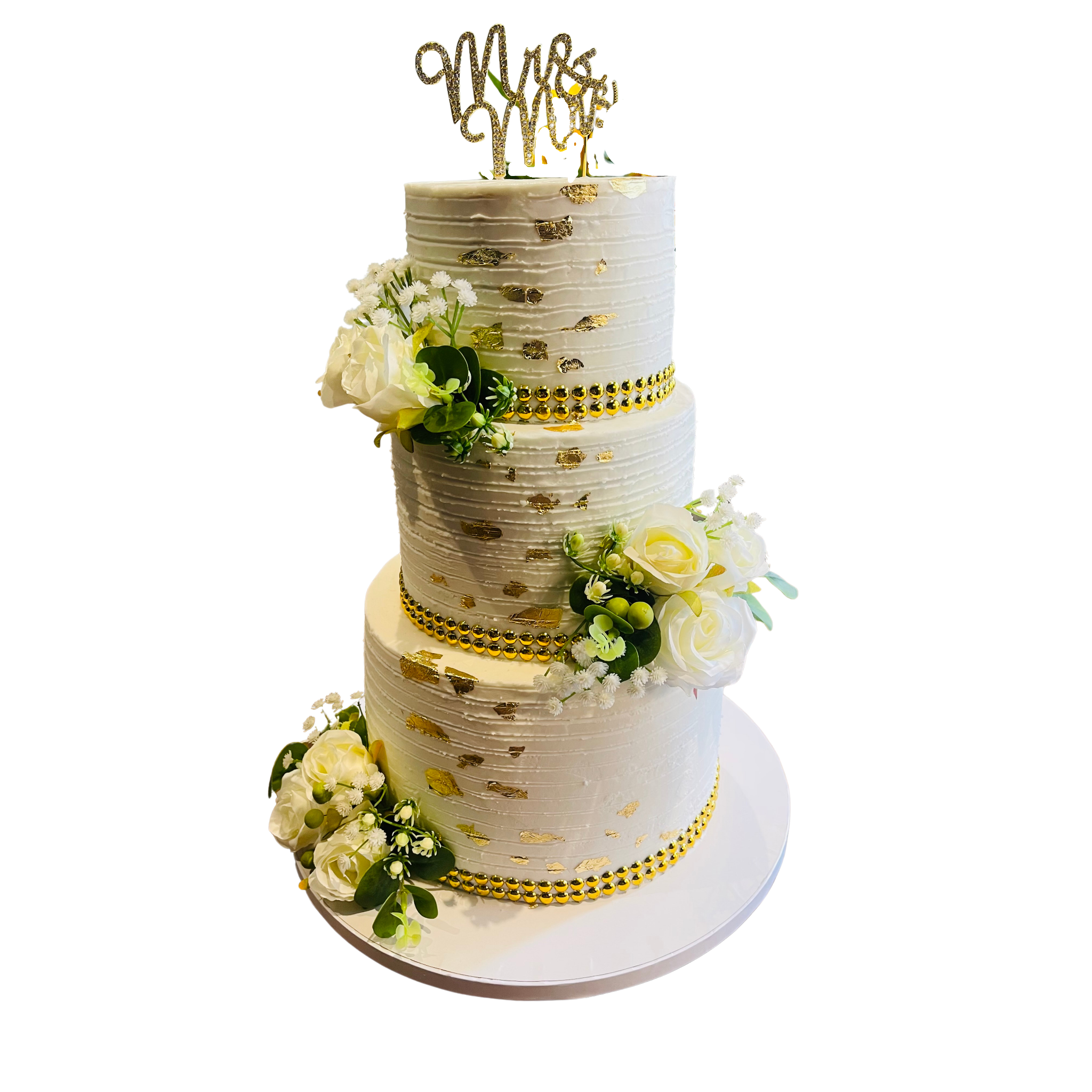 White & Gold Floral Wedding Cake