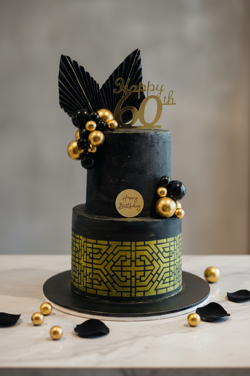 Cake with Gold Balls and Black Rose Petals