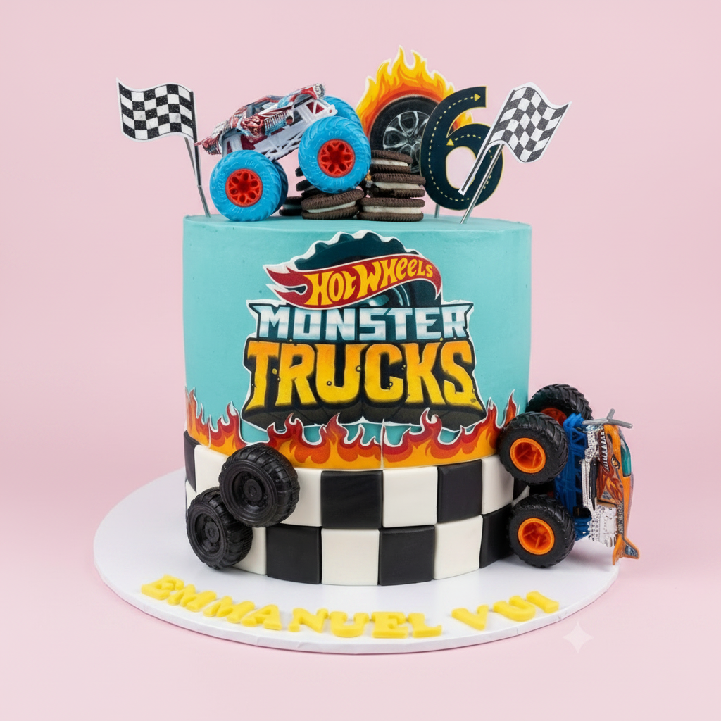Hot Wheels Monster Trucks Cake - Square Pastel Pink