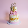 Princess Tiara Birthday Cake on pastel pink background