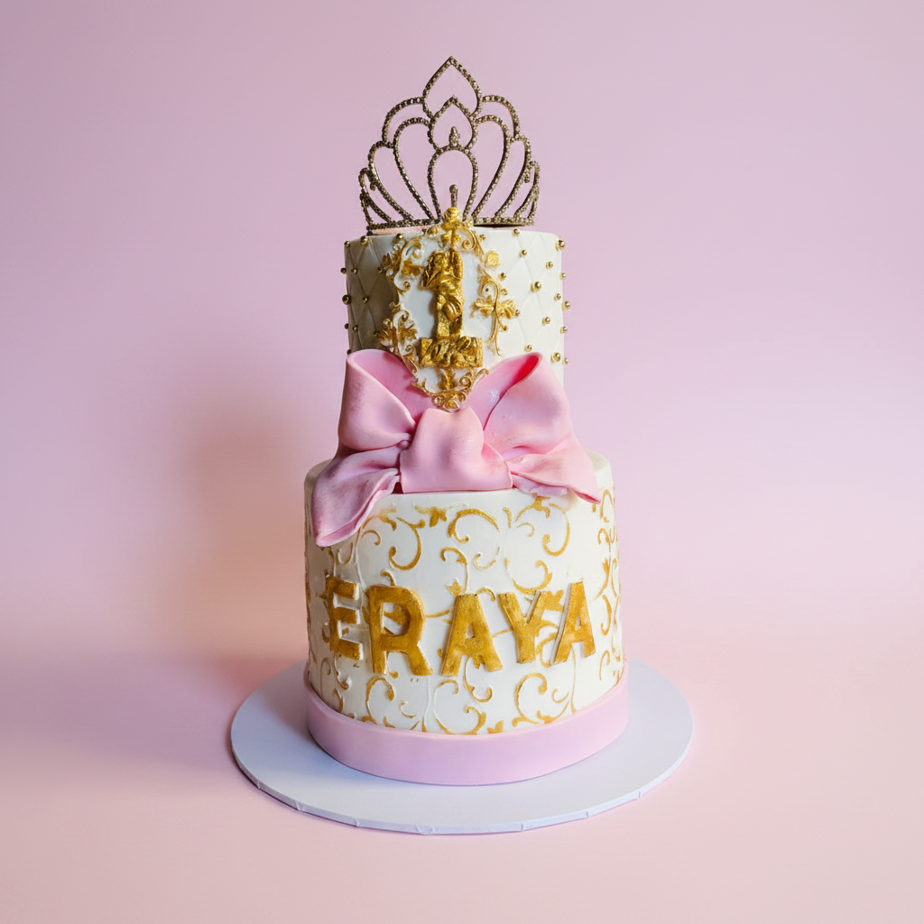 Princess Tiara Birthday Cake on pastel pink background
